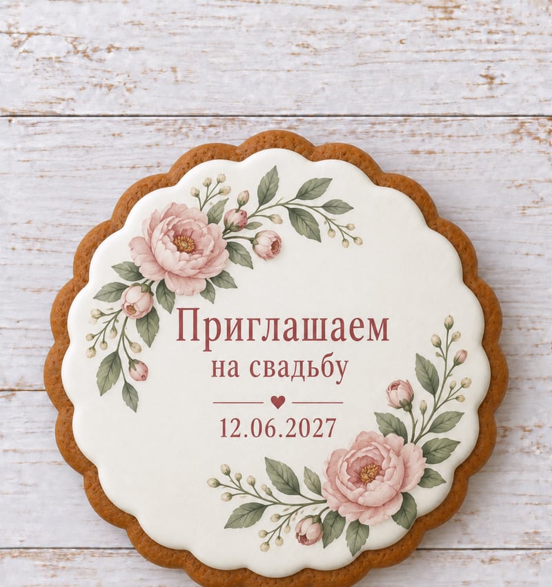 Съедобное приглашение с короткой фразой и датой предстоящей свадьбы.