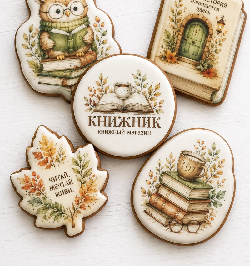 Пряники с логотипом книжного магазина с печатным изображением